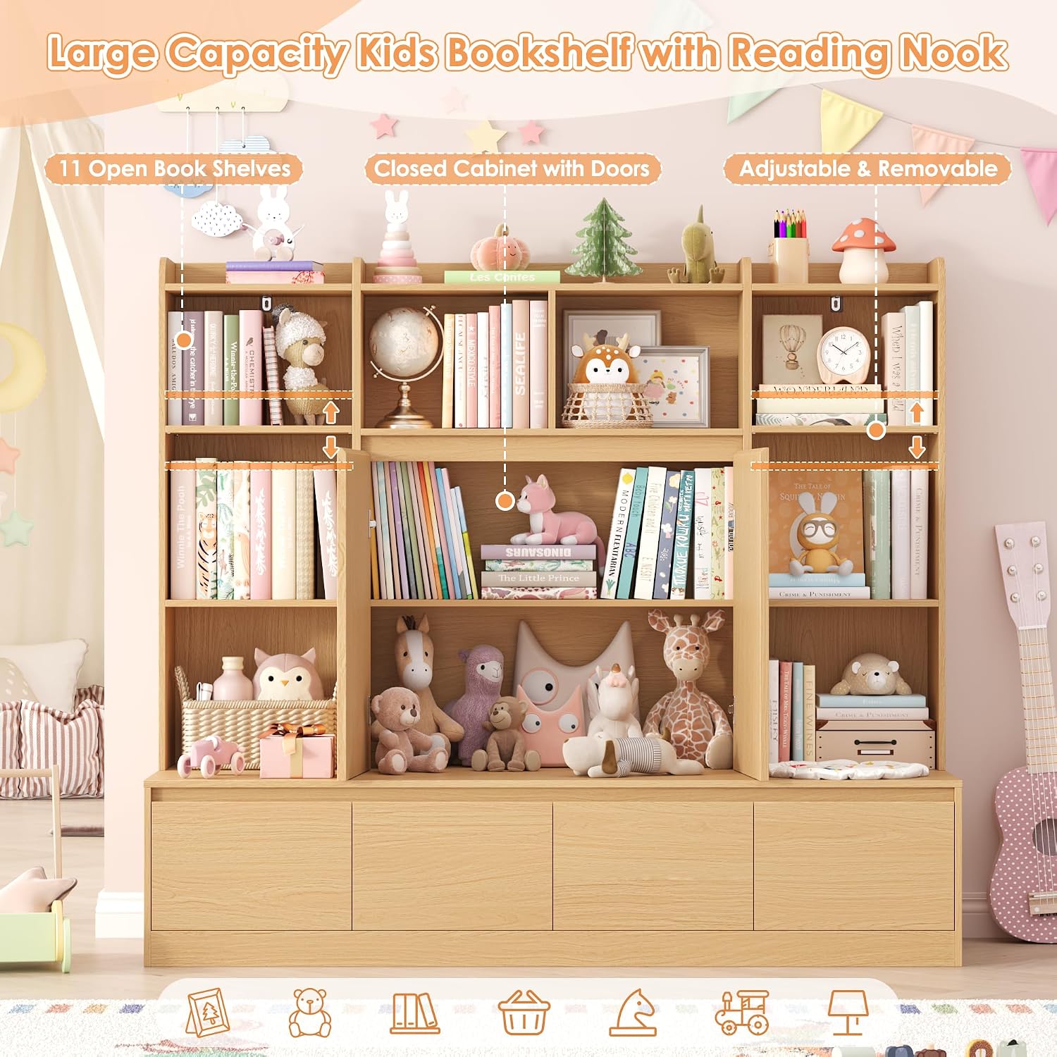 Natural Kids Bookshelf with Reading Nook Bench 54 Inch