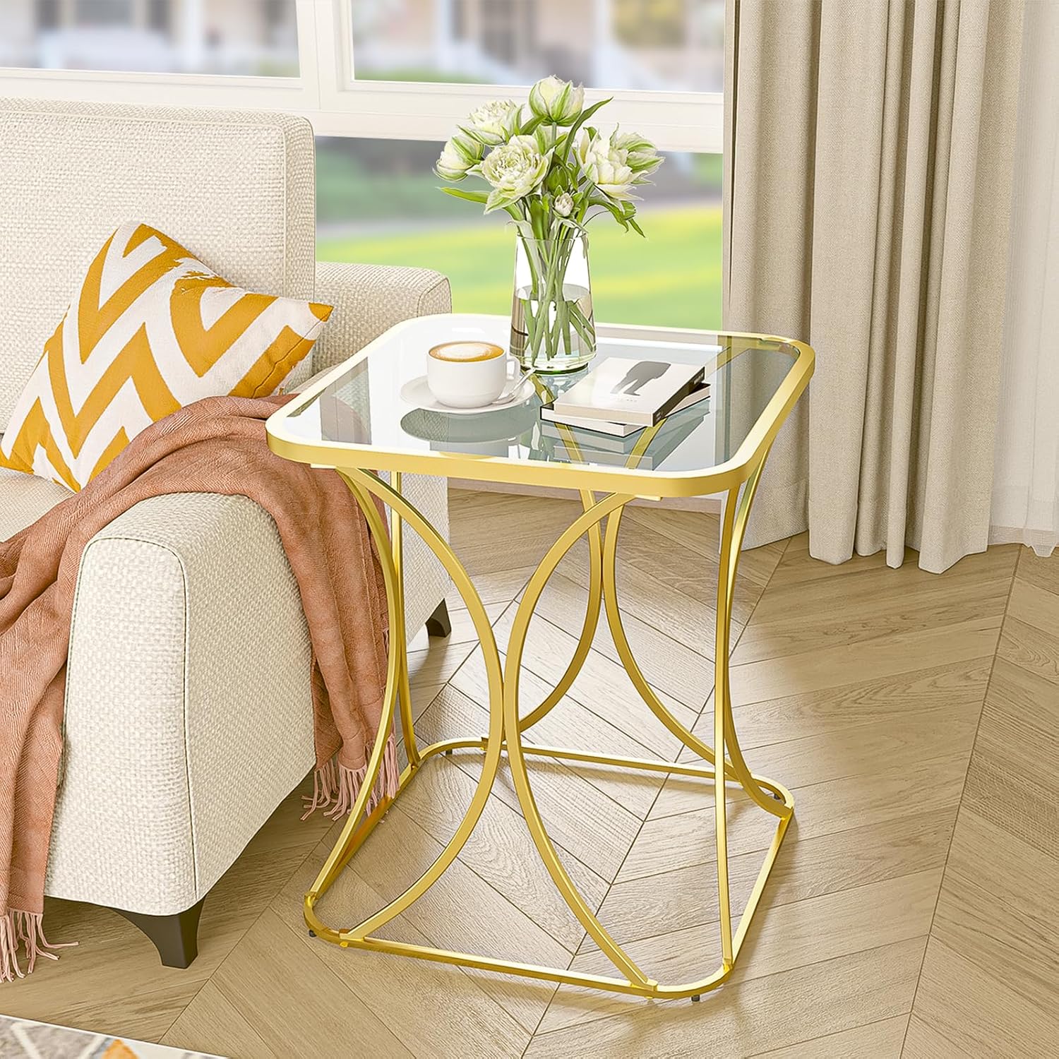 Gold Square Glass Side Table 19.68 Inch