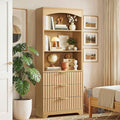 Natural Arched Tall Bookshelf with Drawers 63.3 Inch