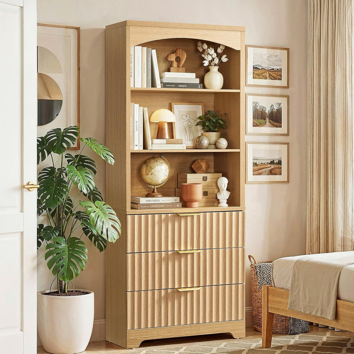 Natural Arched Tall Bookshelf with Drawers 63.3 Inch