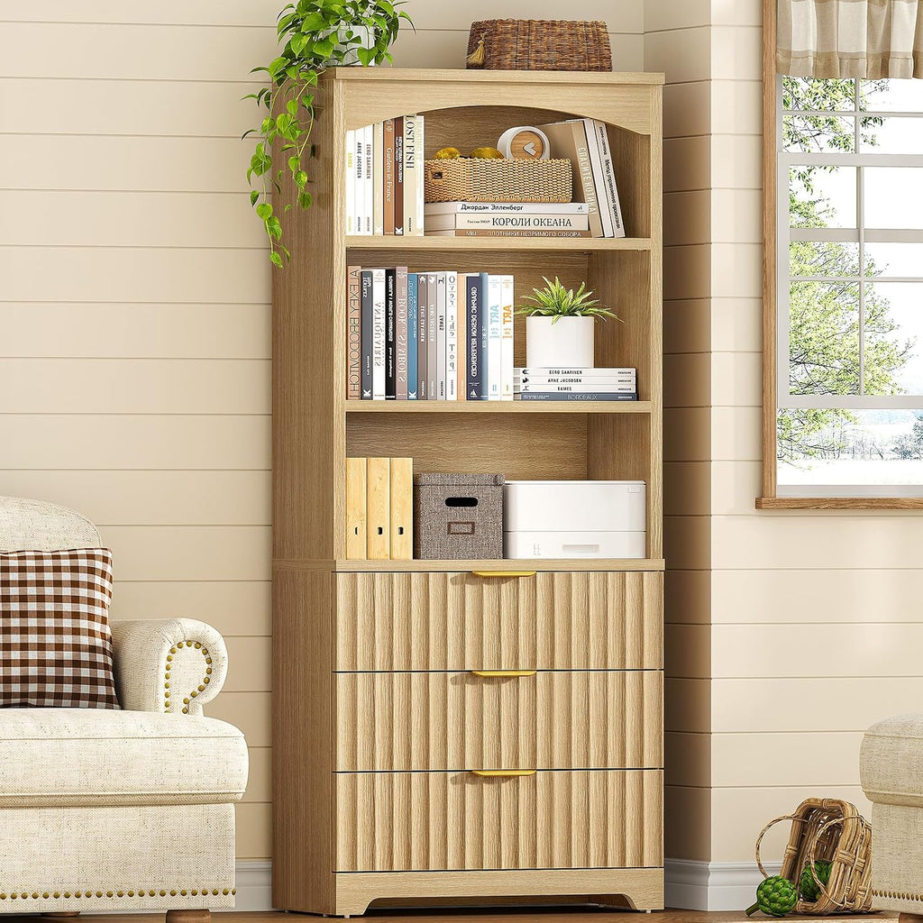 Natural Arched Tall Bookshelf with Drawers 63.3 Inch