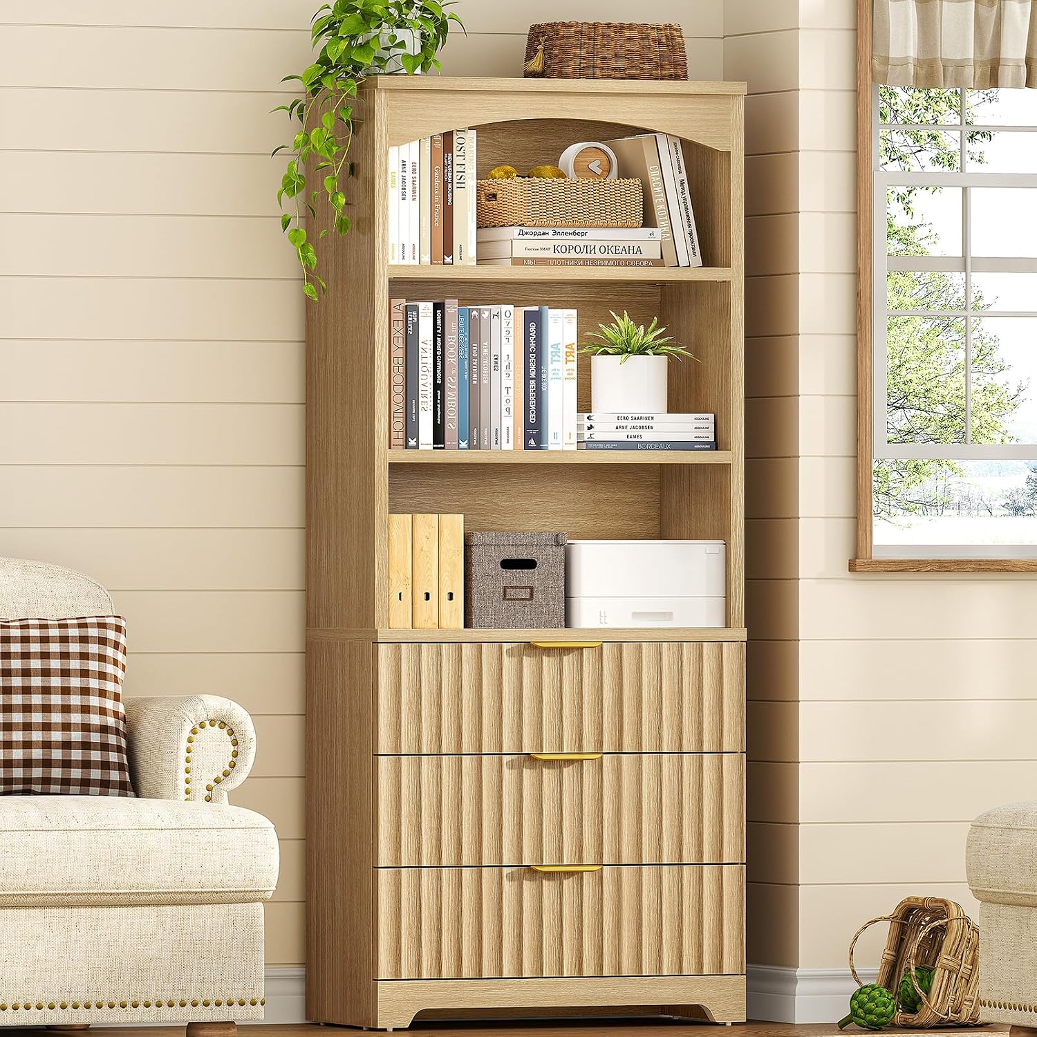 Natural Arched Tall Bookshelf with Drawers 63.3 Inch