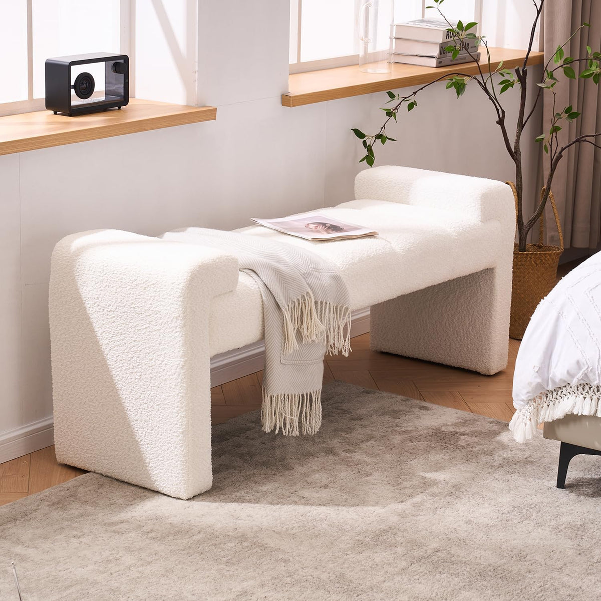 Ivory Boucle King Size Bed End Bench 60 Inch