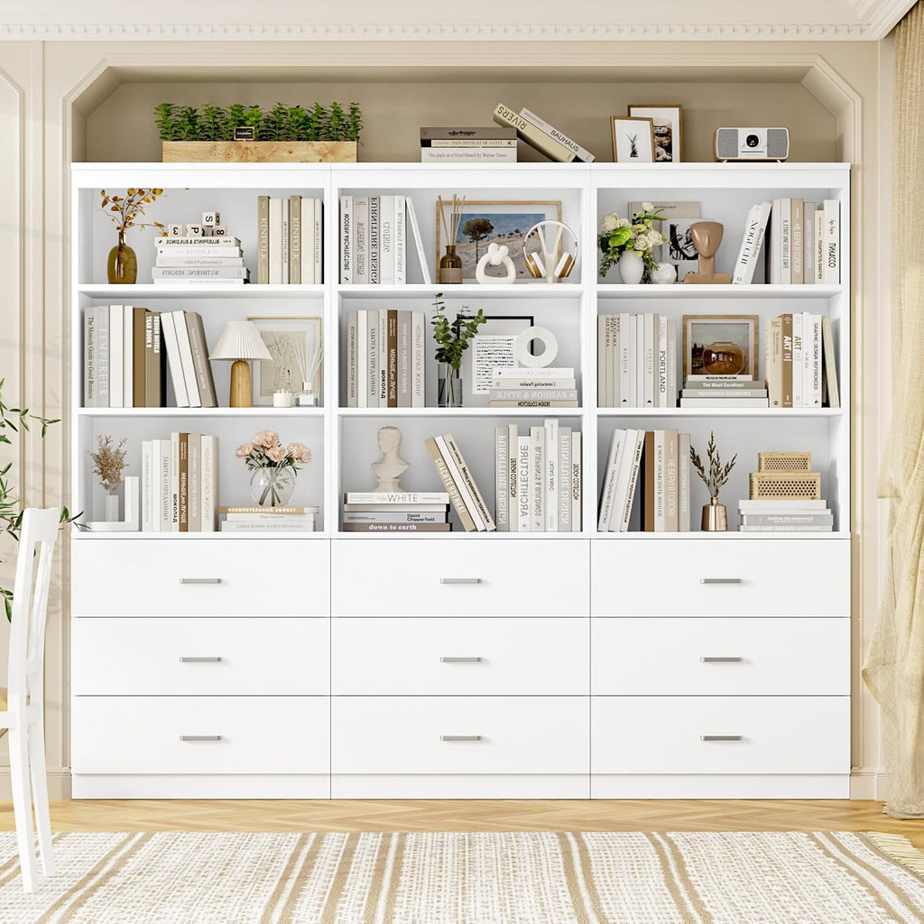 White Tall Bookshelf with Drawers 71 Inch
