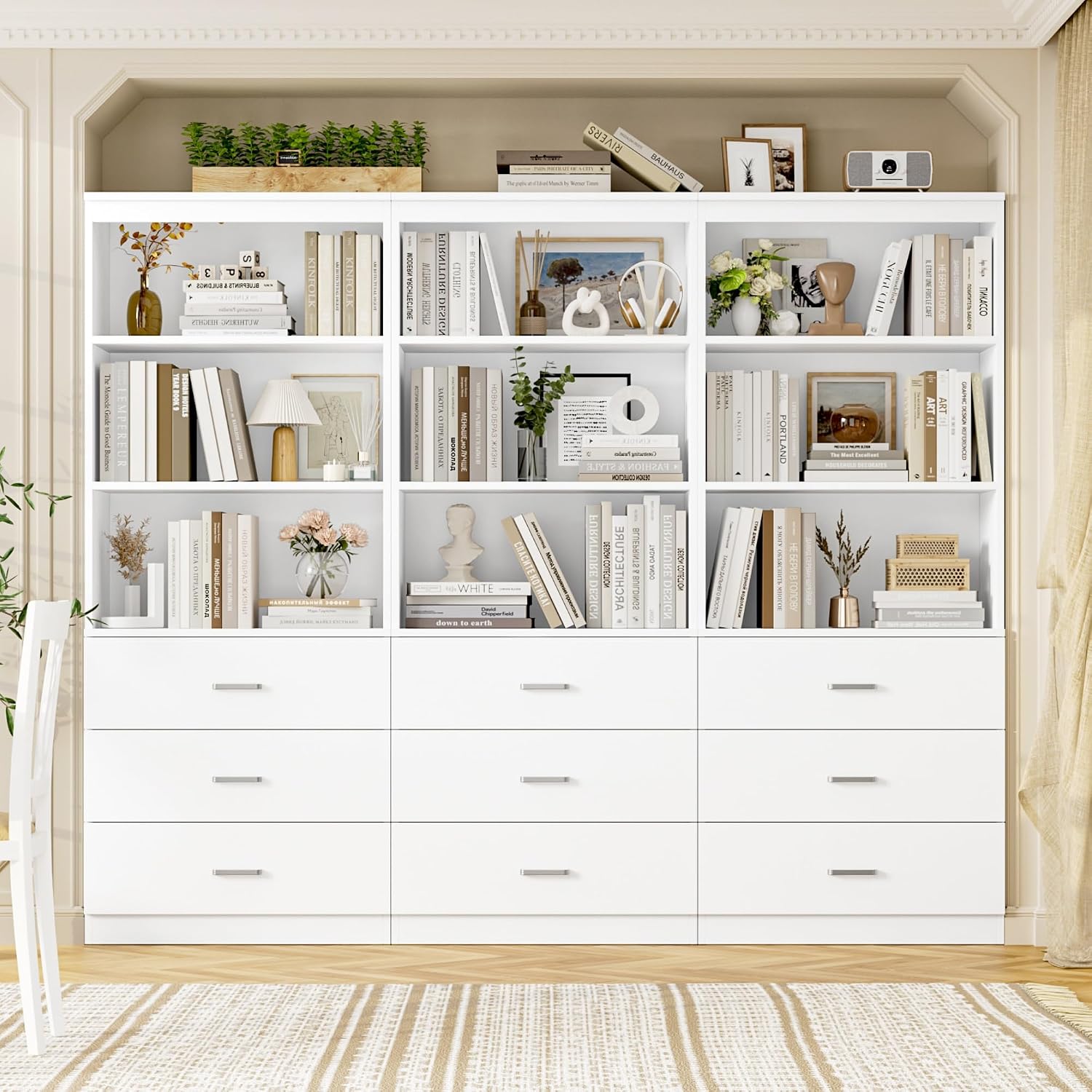 White Tall Bookshelf with Drawers 71 Inch