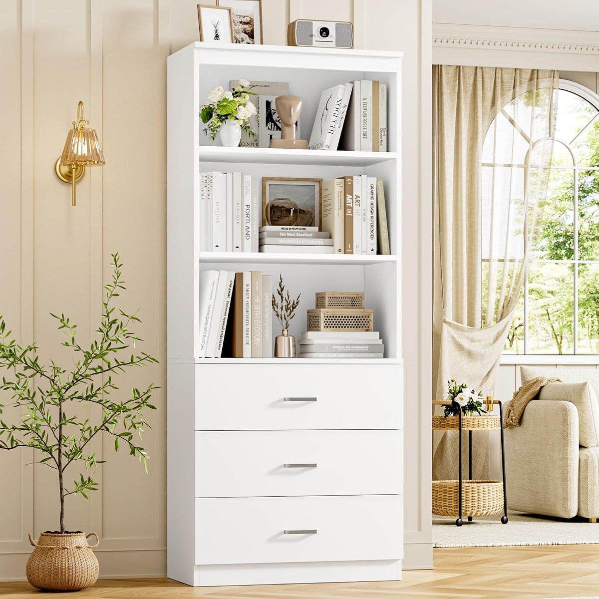 White Tall Bookshelf with Drawers 71 Inch