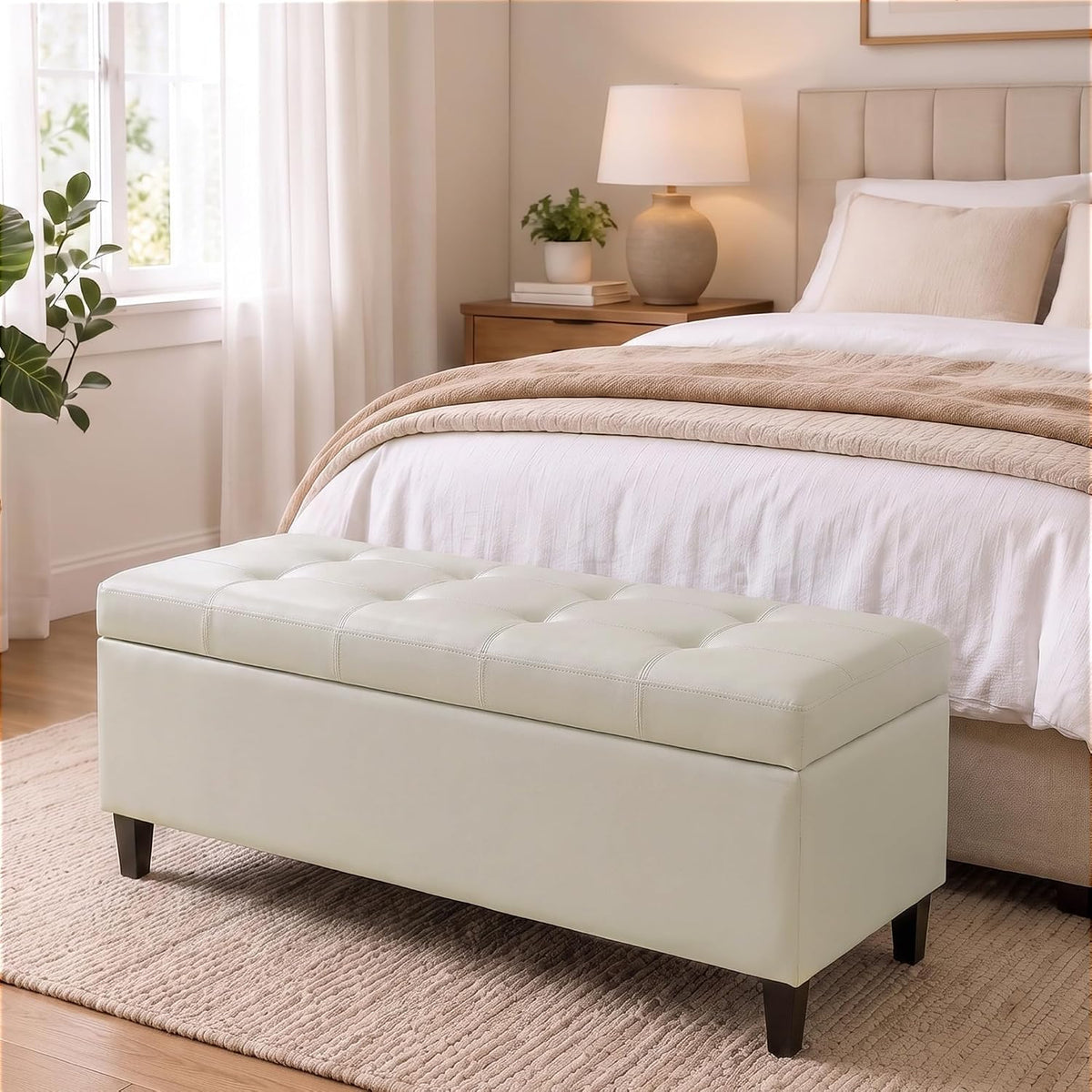 Cream Tufted Storage Ottoman Bench 50.5 Inch