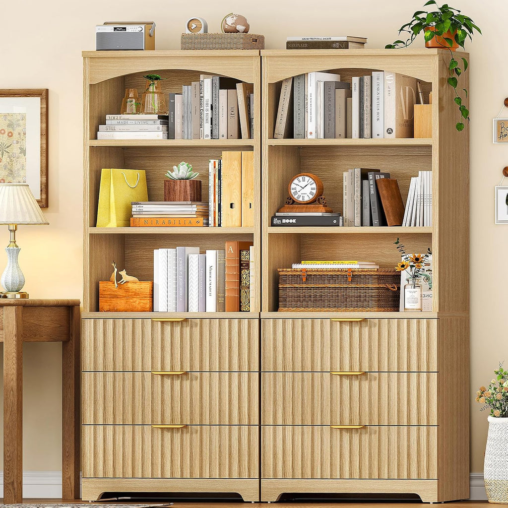 Natural Arched Tall Bookshelf with Drawers 63.3 Inch