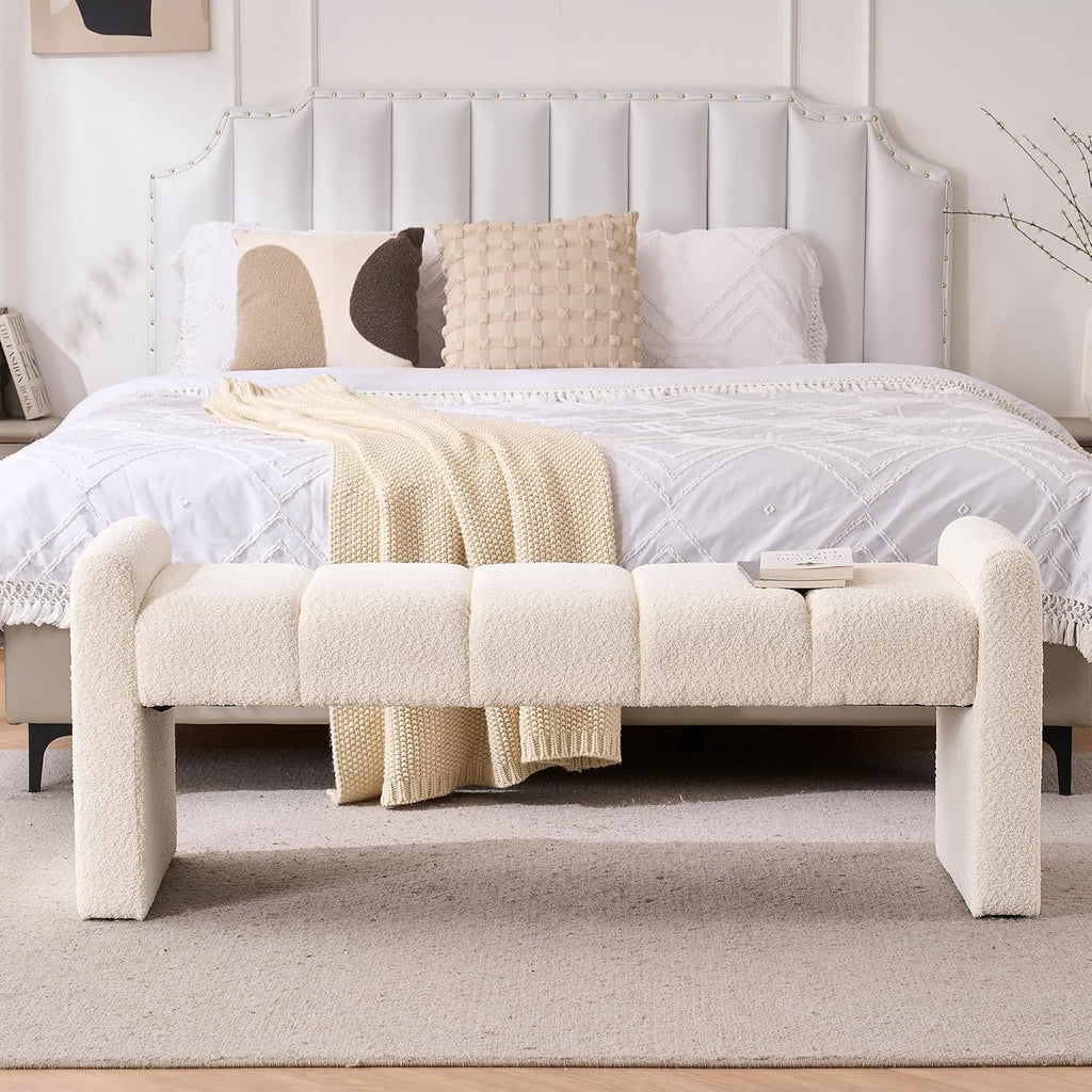 Ivory White Boucle Bench 54 Inch