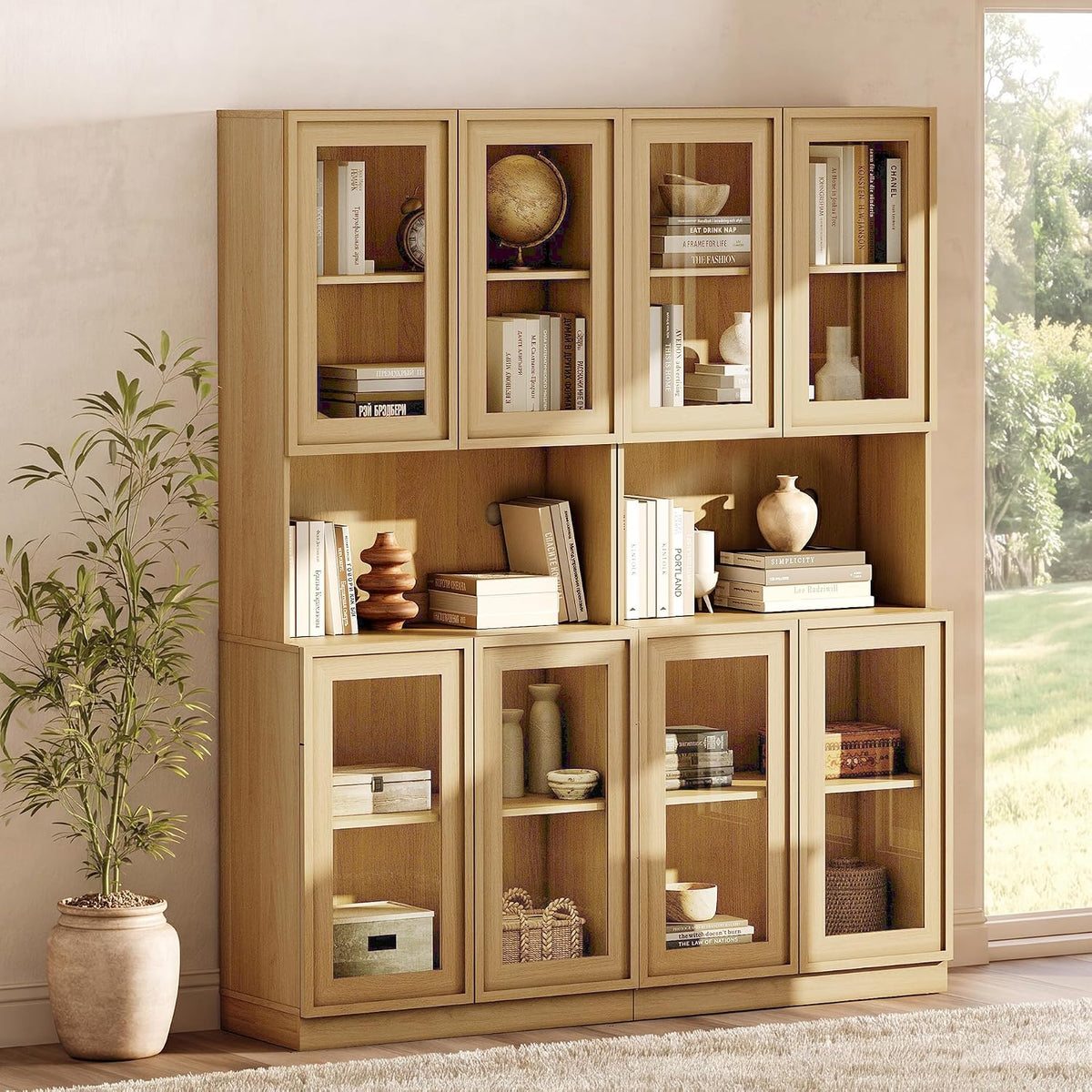 Oak Tall Glass Bookshelf 2 Pack 72 Inch