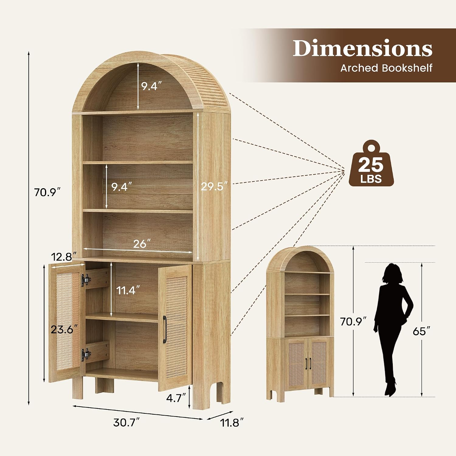 Natural Arched Tall Bookshelf 71 Inch