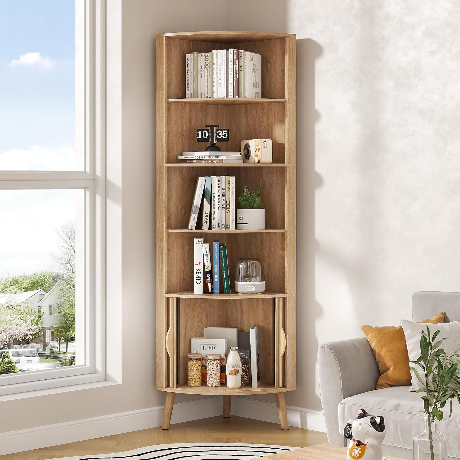 Oak Corner Bookshelf with Sliding Doors 66 Inch