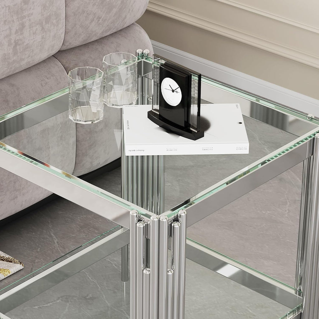Silver Leg 2-Tier Glass Side Table