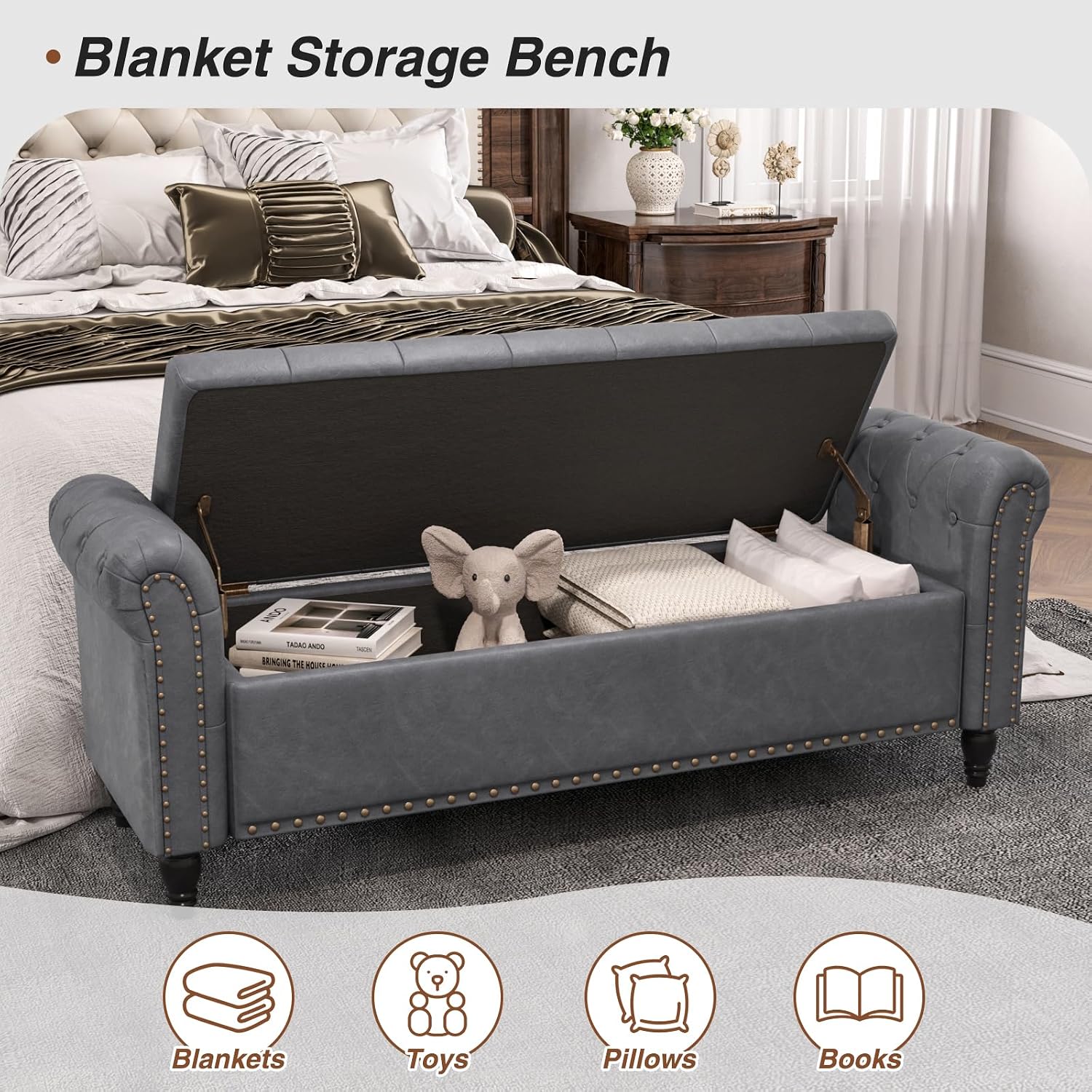 Gray Storage Bed Bench 65 Inch