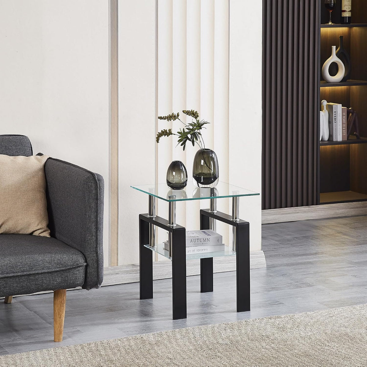 Black Frame 2-Tier Glass Side Table