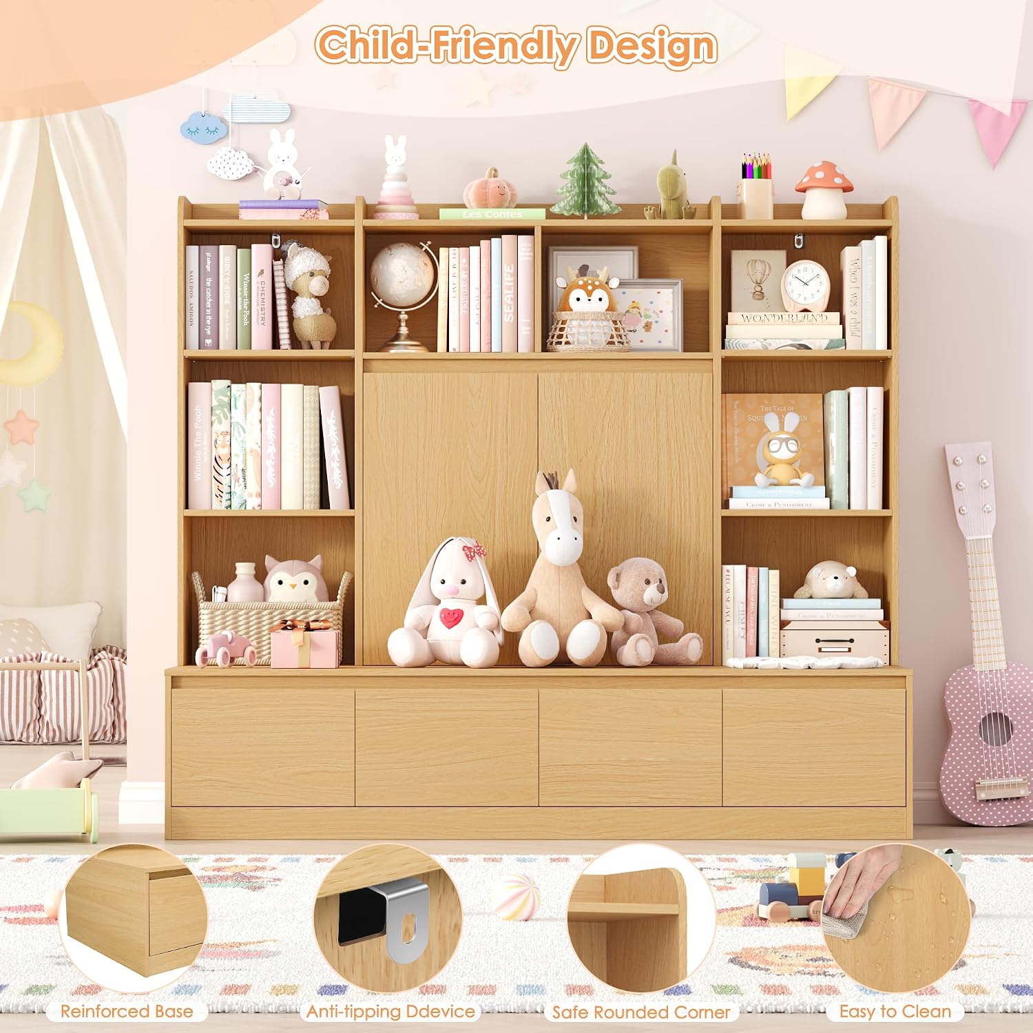 Natural Kids Bookshelf with Reading Nook Bench 54 Inch