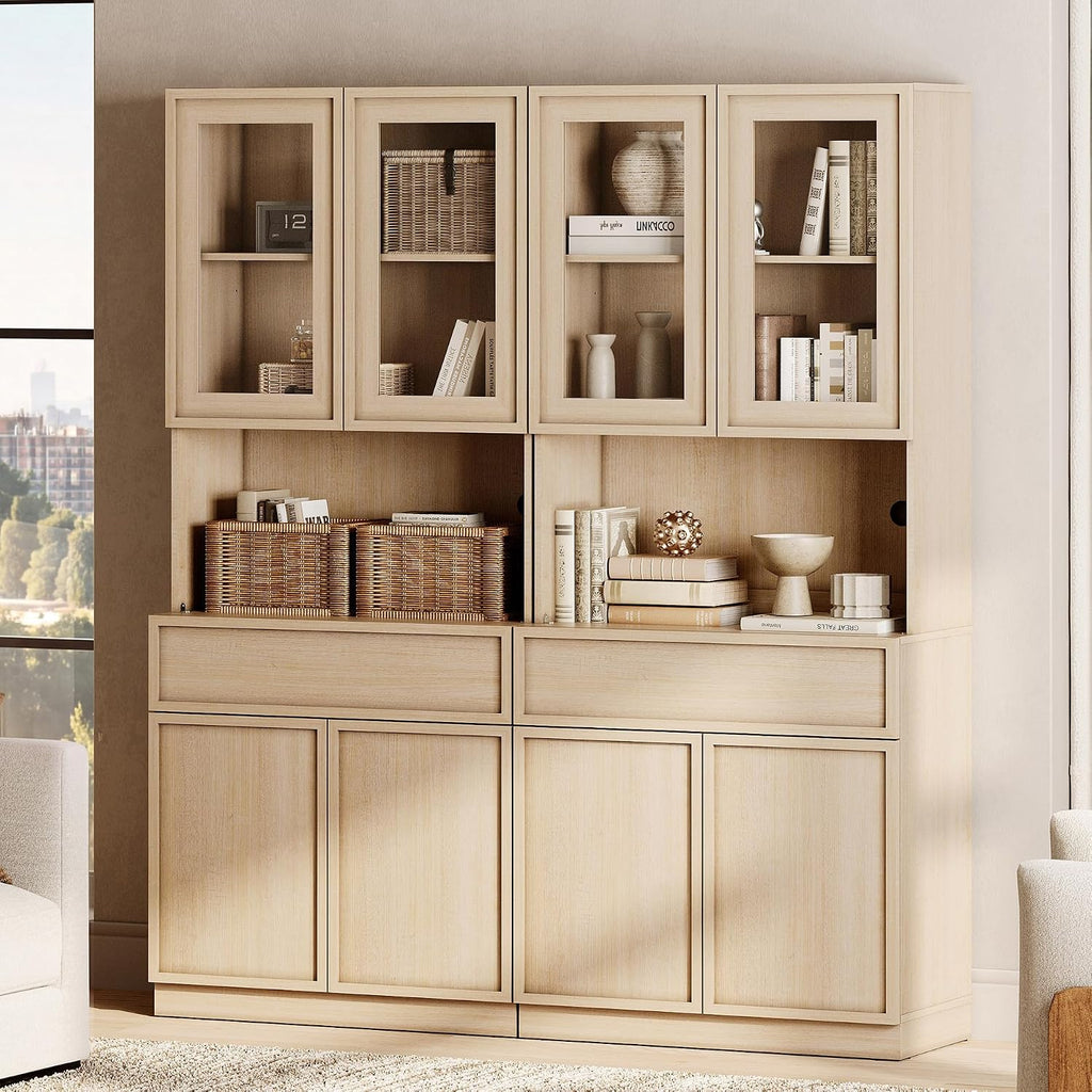 Beige Tall Glass Bookshelf 2 Pack