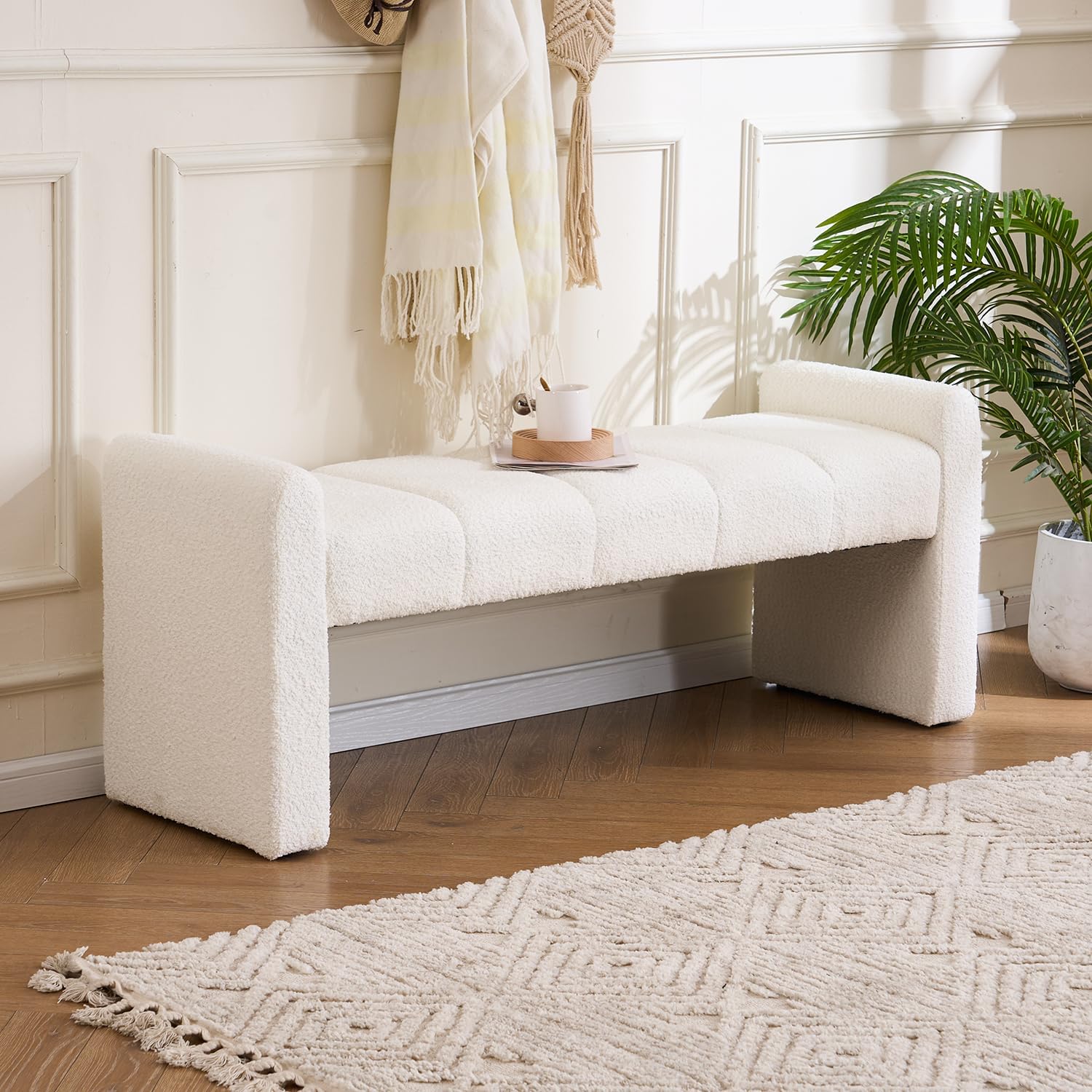 Ivory White Boucle Bench 54 Inch