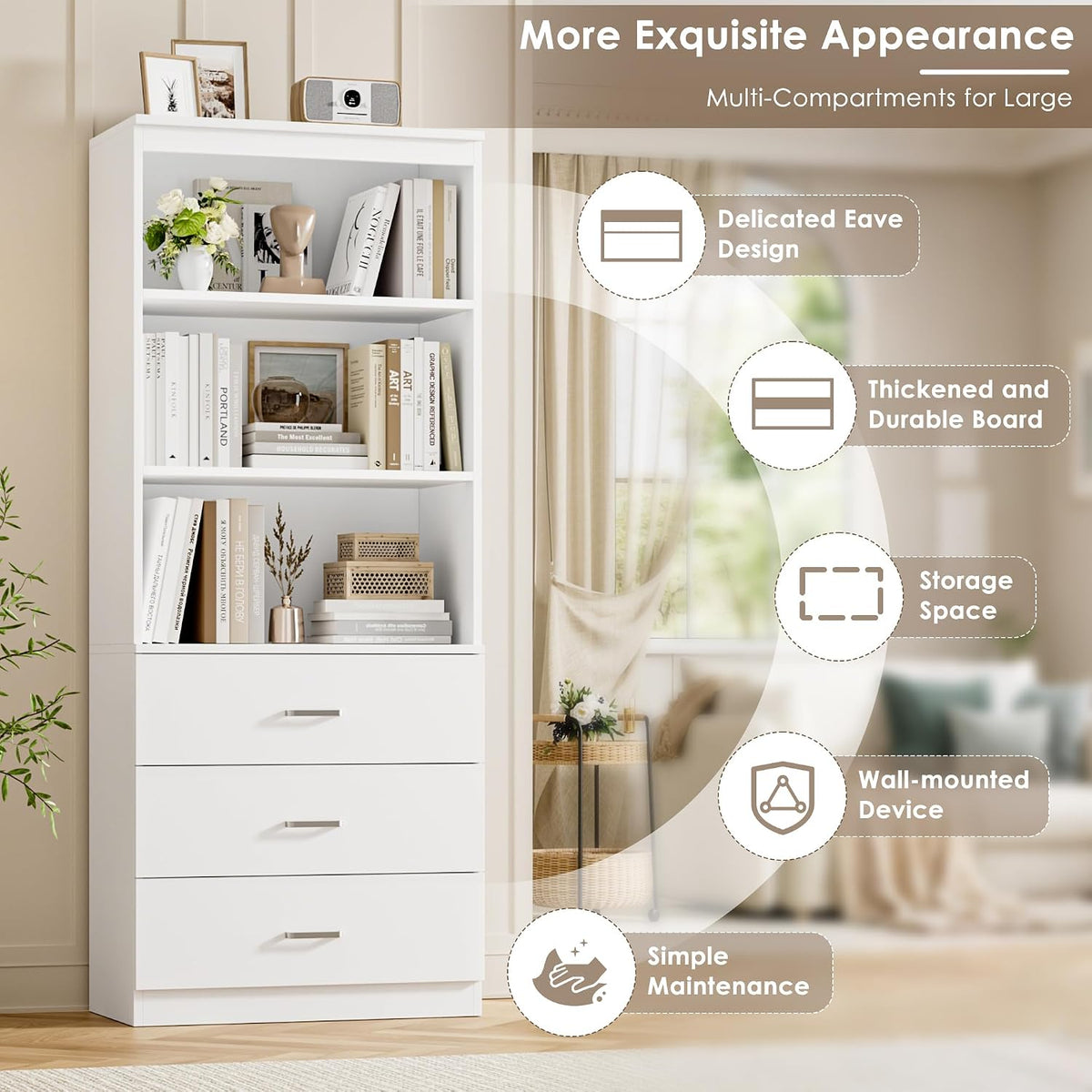 White Tall Bookshelf with Drawers 71 Inch