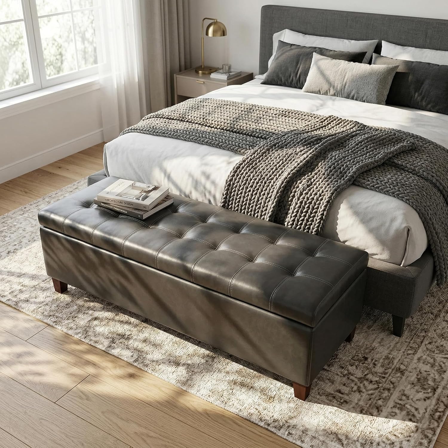 Gray Faux Leather Storage Ottoman Bench 51 Inch