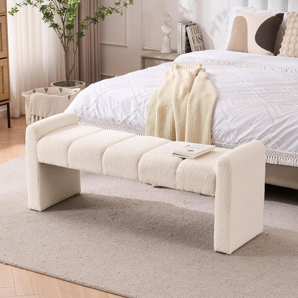 Ivory White Boucle Bench 54 Inch