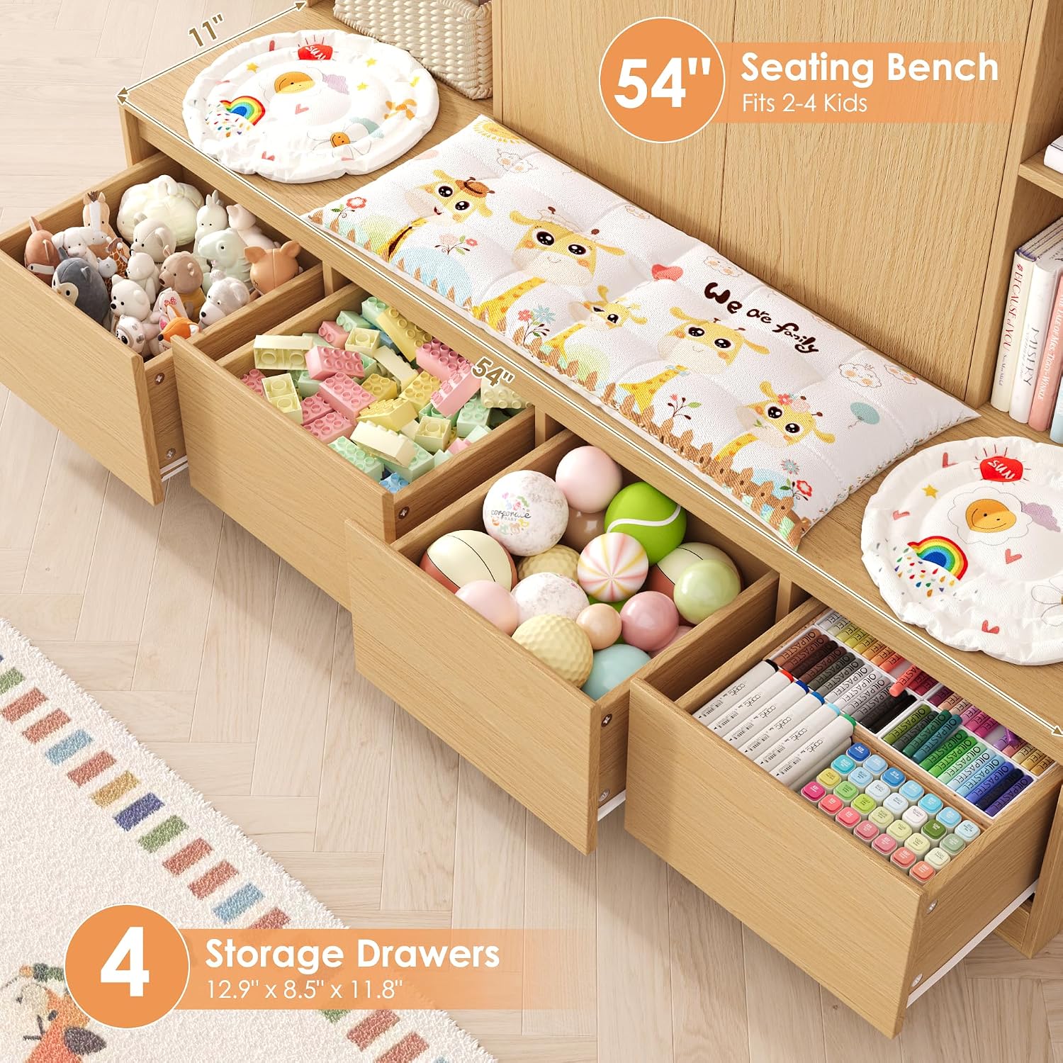 Natural Kids Bookshelf with Reading Nook Bench 54 Inch