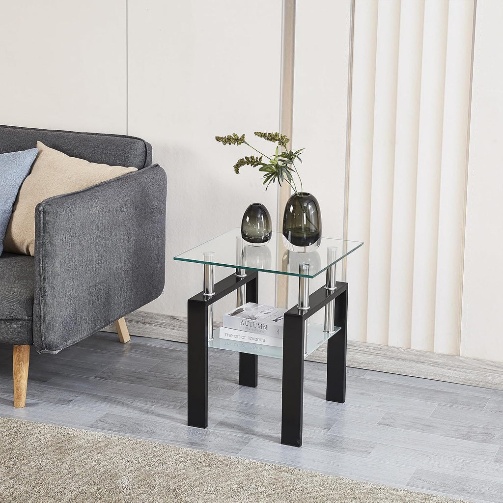 Black Frame 2-Tier Glass Side Table