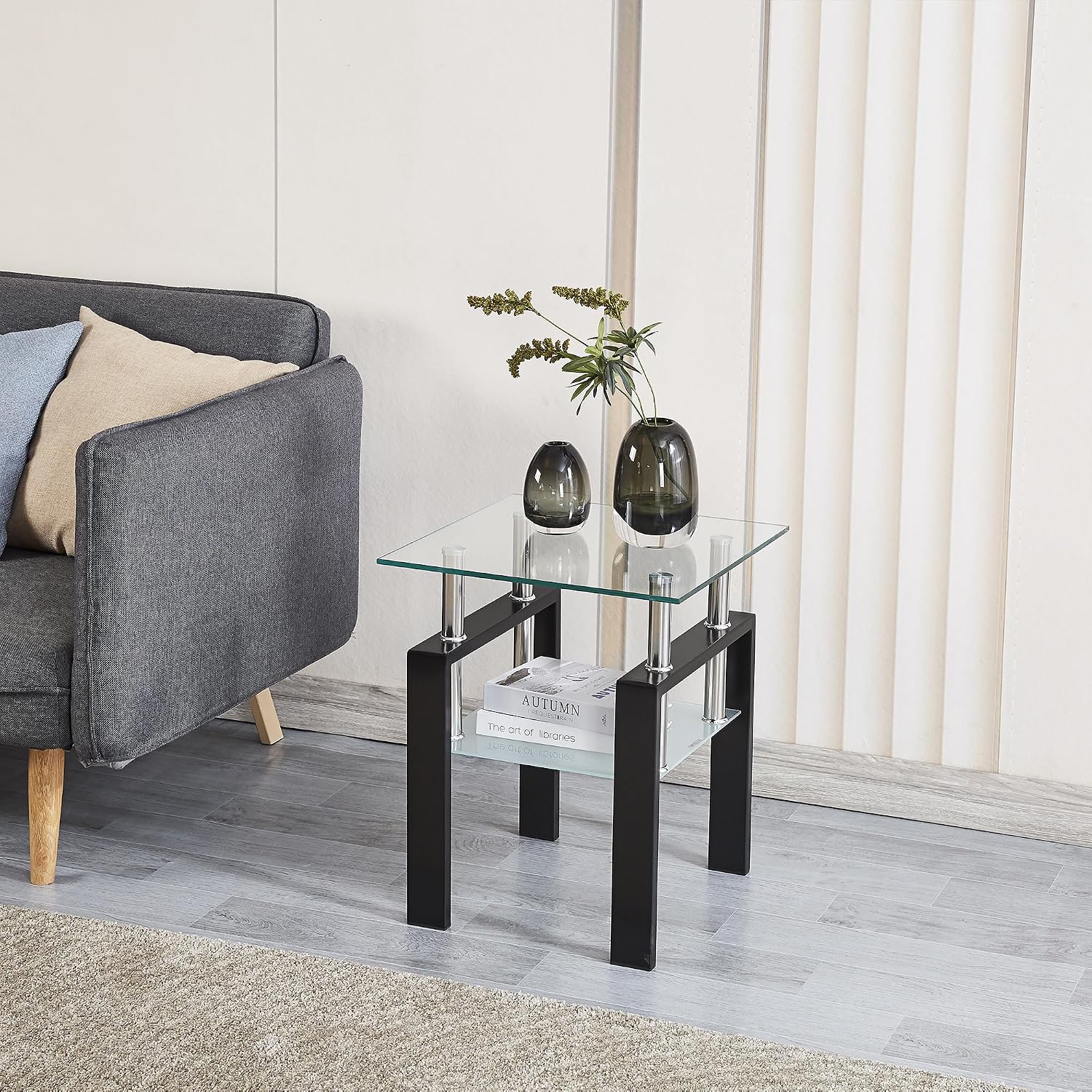 Black Frame 2-Tier Glass Side Table