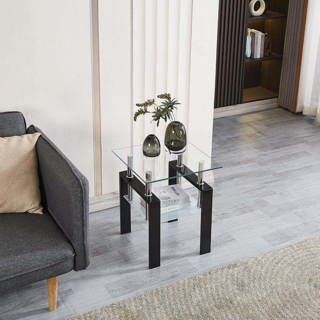Black Frame 2-Tier Glass Side Table
