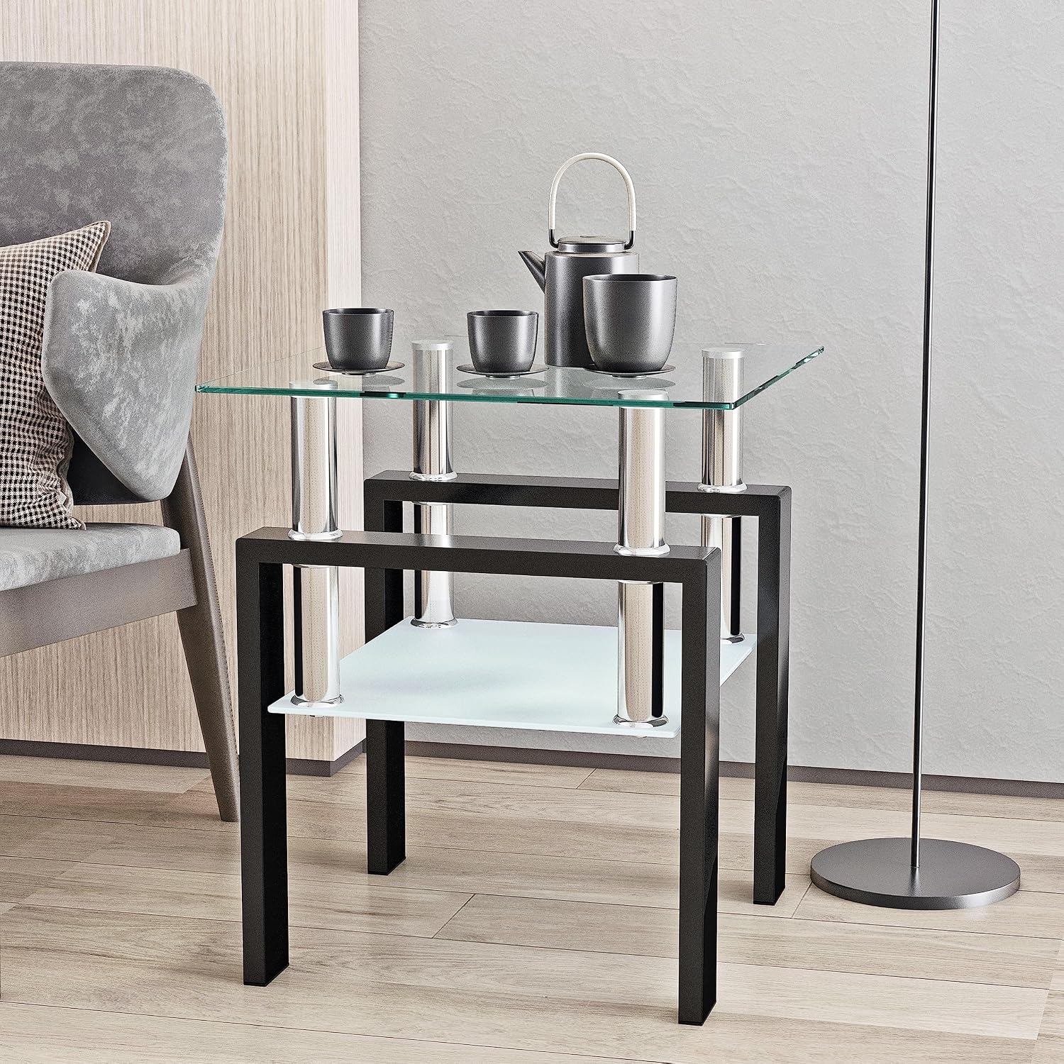 2-Tier Metal Glass Side Table
